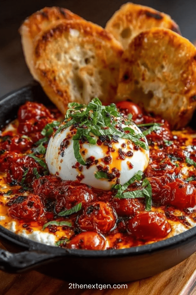 Spicy roasted tomato burrata dip served with blistered cherry tomatoes, creamy burrata, chili oil, fresh basil, and toasted garlic bread.