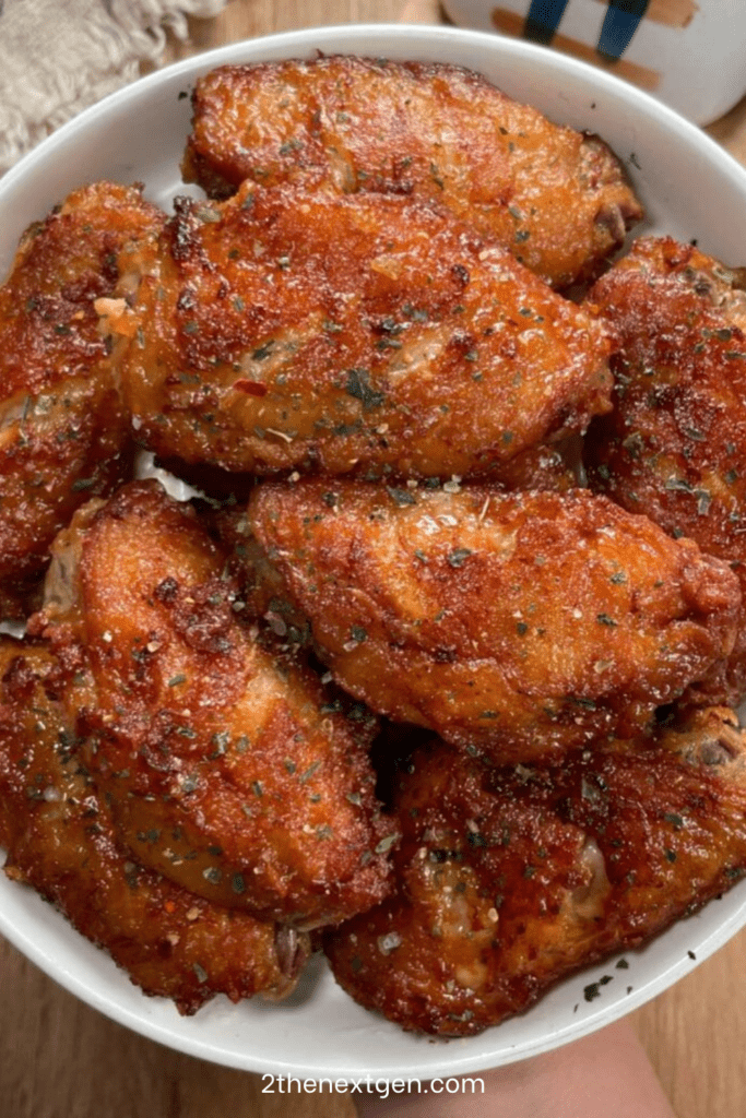 Crispy spicy chicken wings coated in sticky honey hot sauce glaze, sprinkled with parsley and chili flakes, served hot with dipping sauce.
