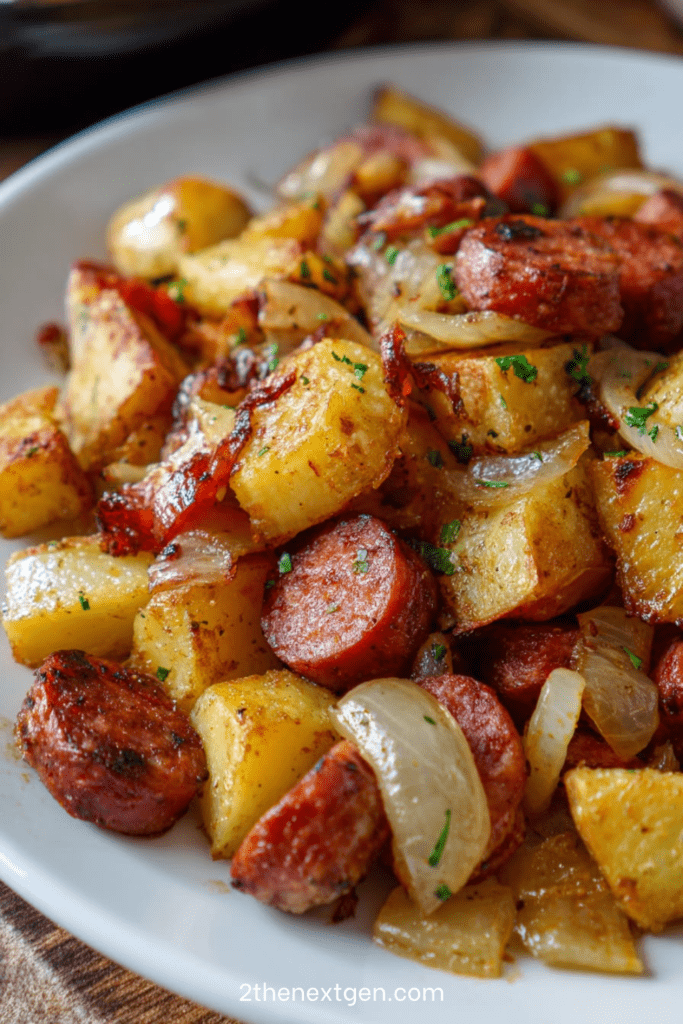 Roasted potatoes with sliced smoked sausage and onions served golden and crispy with garlic, paprika, herbs, and fresh parsley.