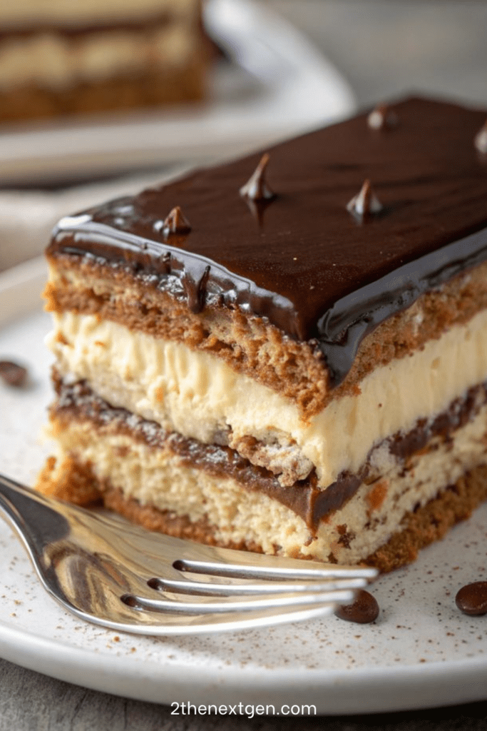 Chocolate vanilla layer cream cake with soft sponge layers, vanilla pastry cream, chocolate cream, glossy ganache, and clean rectangular slices.