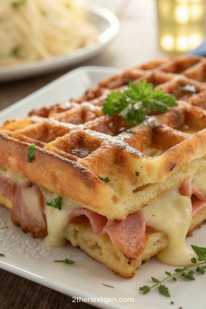 Savory ham and cheese waffle sandwich with golden crispy waffles, melted cheese, sliced ham, parsley, cherry tomatoes, and green salad.