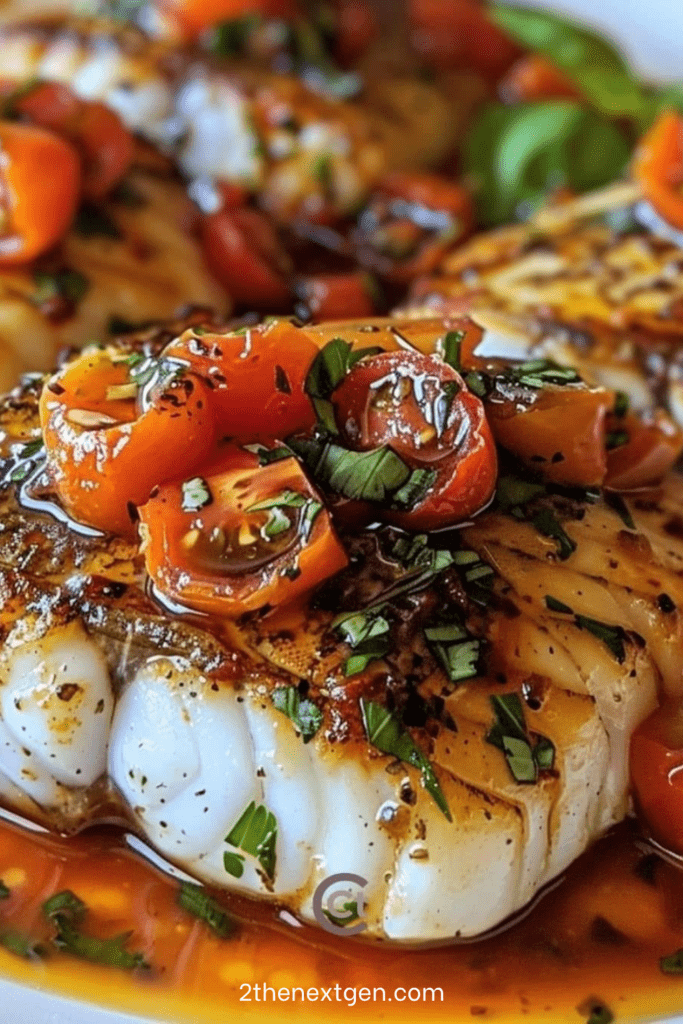 Pan-seared cod fillets served with tomato basil garlic sauce, cherry tomatoes, fresh basil, parsley, lemon, and black pepper.