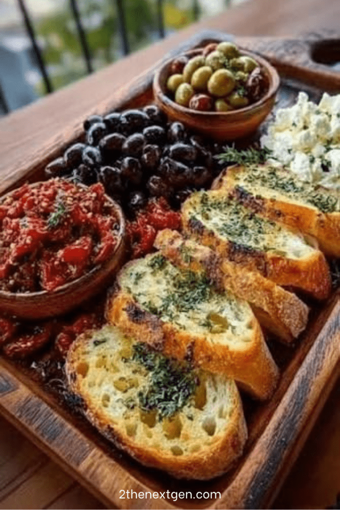 Mediterranean appetizer board with crispy garlic toast, black olives, green olives, feta cheese, sun-dried tomatoes, roasted pepper spread, and parsley.