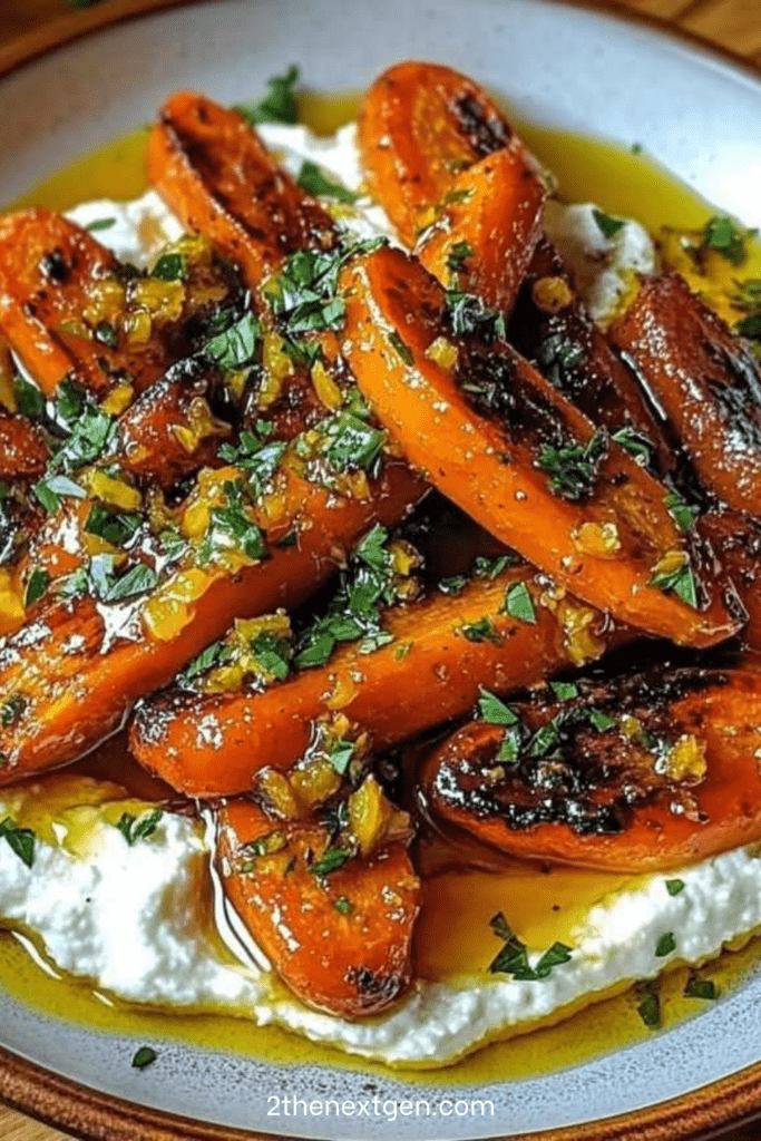 Honey roasted carrots served over creamy whipped feta with chopped pistachios, fresh parsley, mint, olive oil, and a drizzle of honey.