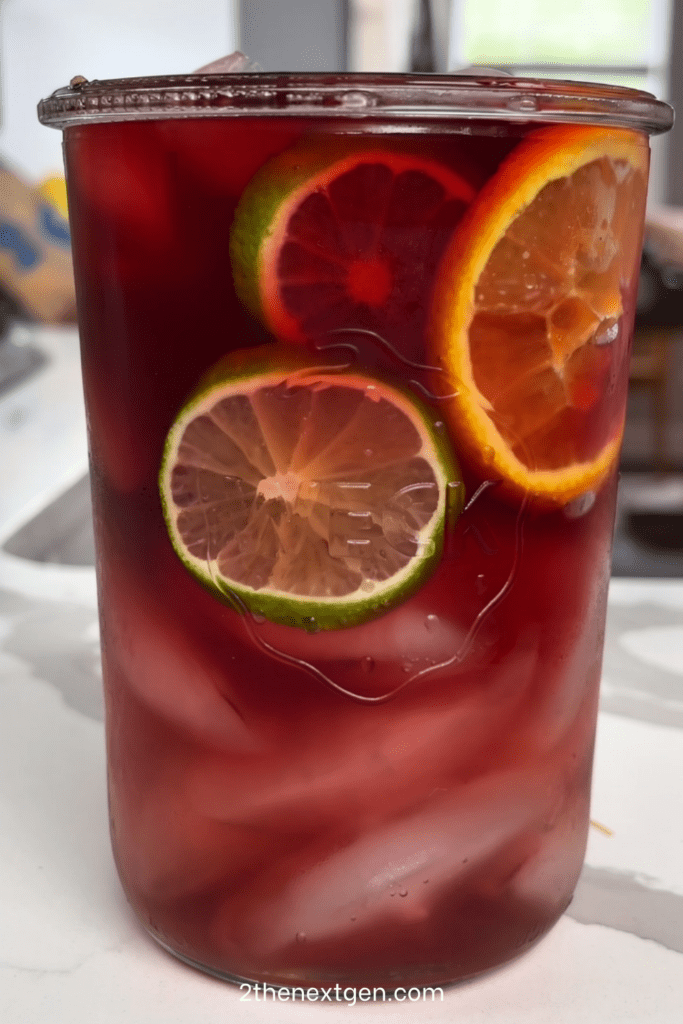 Refreshing berry citrus iced drink served with orange, lemon, lime slices, fresh berries, mint leaves, ice cubes, and sparkling water.