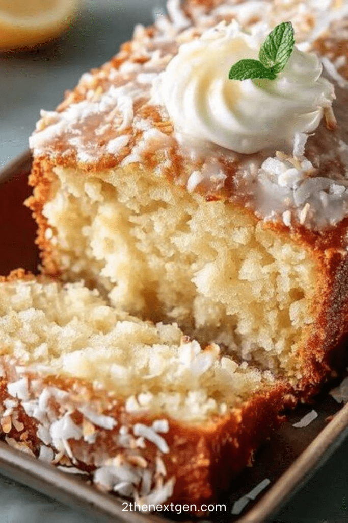 Moist coconut loaf cake topped with creamy glaze, shredded coconut, whipped cream, mint leaves, and a soft tender coconut crumb.