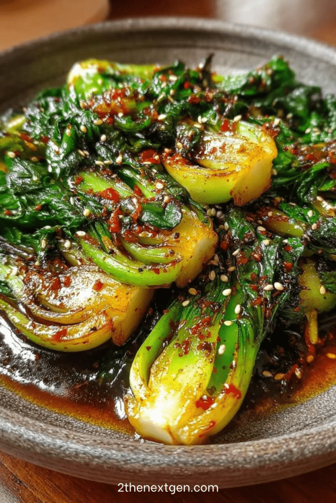 Spicy garlic soy bok choy served hot with sesame seeds, glossy soy chili sauce, minced garlic, ginger, and bright green leaves.