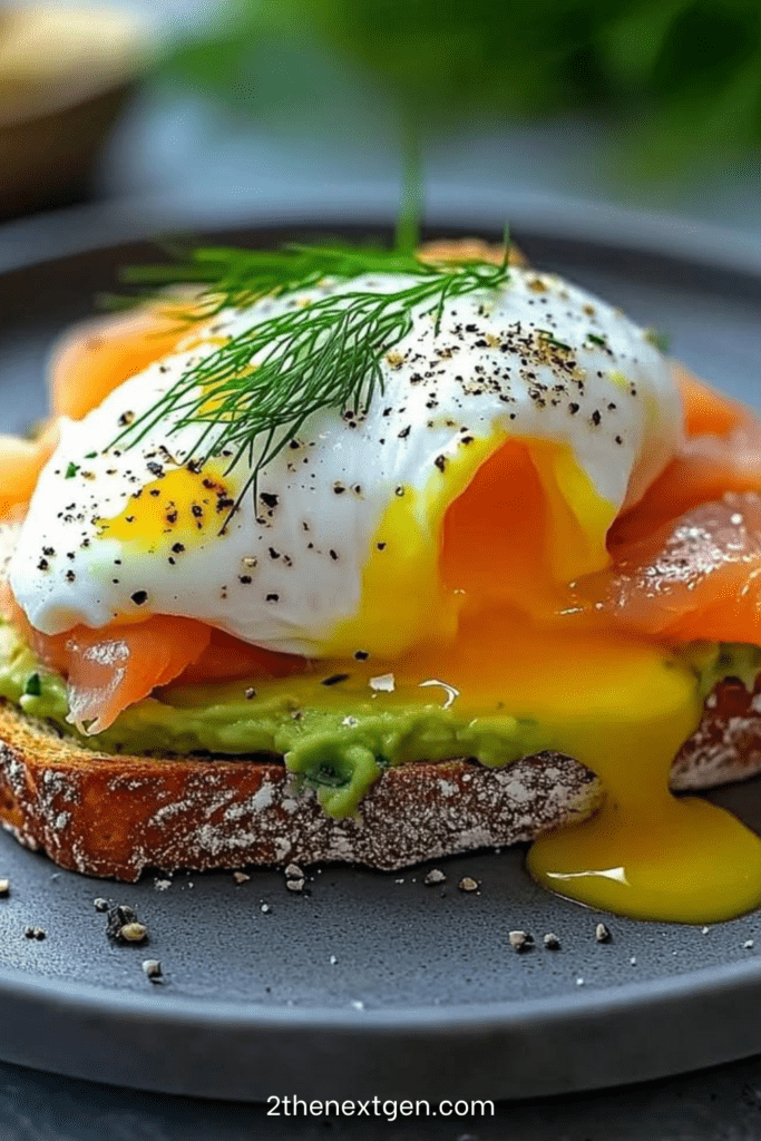 Avocado toast topped with smoked salmon, poached egg, fresh dill, black pepper, chili flakes, lemon, and crispy sourdough bread.