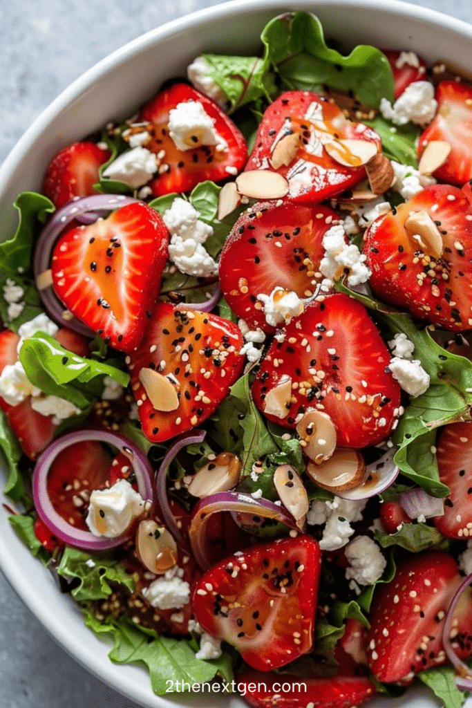 Strawberry feta salad with sliced fresh strawberries, arugula, crumbled feta, red onion, toasted almonds, sesame seeds, and balsamic dressing.