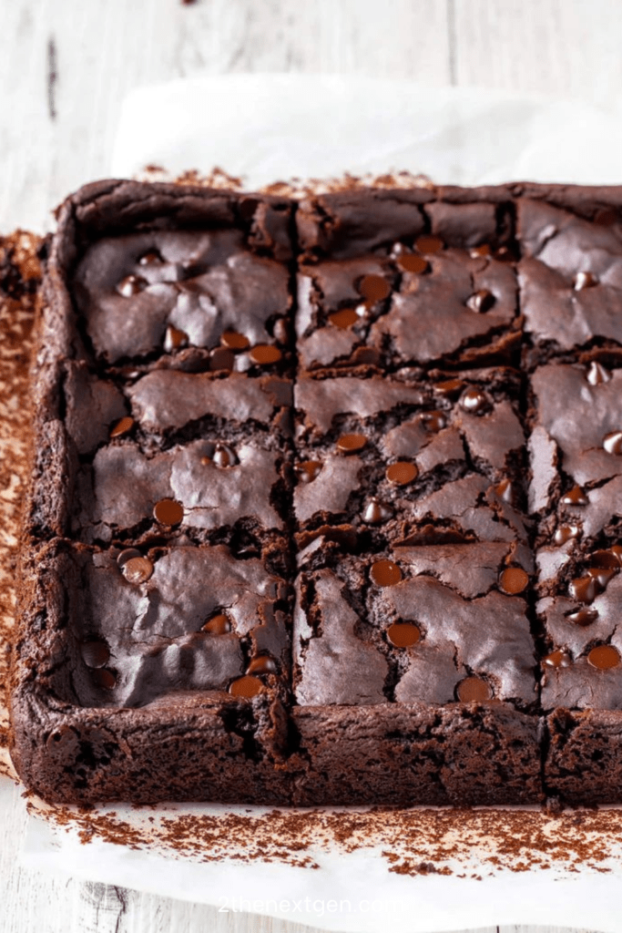 Fudgy chocolate chip brownies sliced into squares with a shiny crackly top, melted chocolate chips, and a rich soft chocolate center.