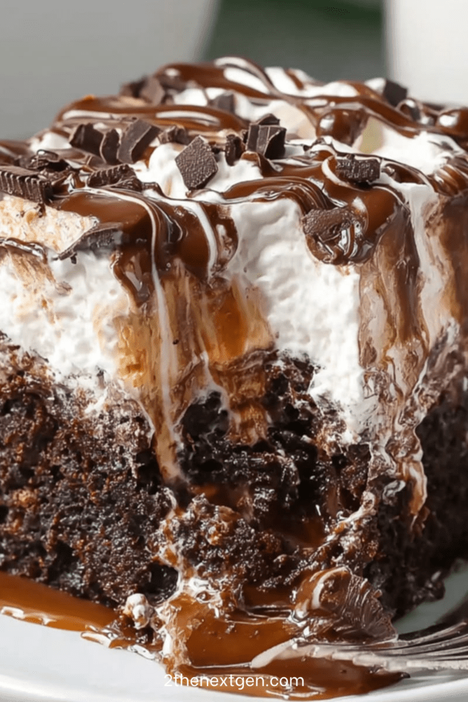 Chocolate caramel poke cake sliced into squares with whipped cream topping, caramel drizzle, chocolate sauce, and chocolate shavings.