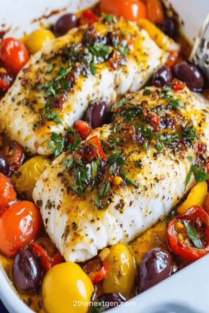Mediterranean baked cod fillets with cherry tomatoes, olives, garlic, lemon, parsley, basil, and olive oil served in a baking dish.