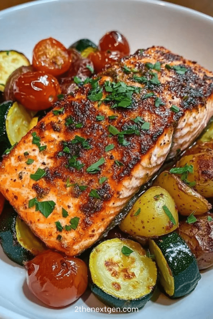 Garlic herb salmon fillets baked over roasted baby potatoes, zucchini, cherry tomatoes, lemon, garlic, parsley, and herbs.