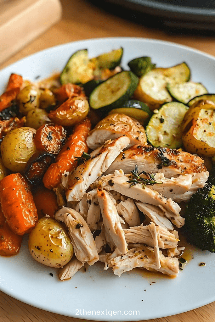 Roasted chicken with vegetables served with golden baby potatoes, carrots, zucchini, broccoli, lemon wedges, herbs, and pan juices.