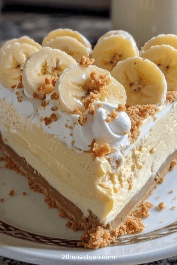 No-bake banana cream cheesecake with buttery biscuit crust, creamy banana filling, whipped cream, banana slices, crushed biscuits, and caramel drizzle.