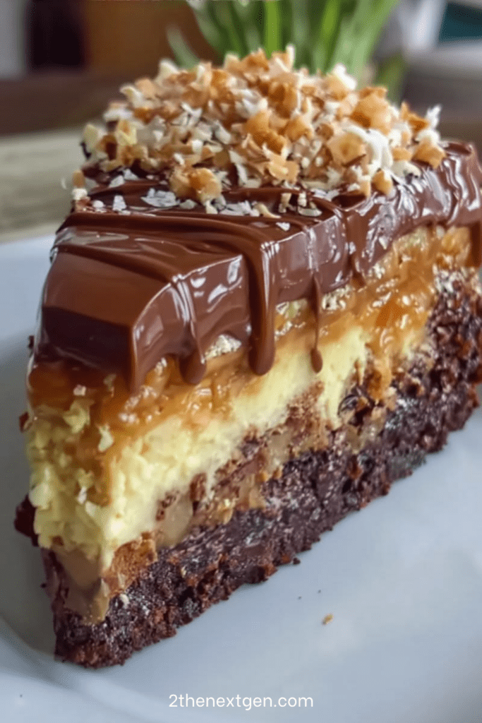 Chocolate caramel cheesecake brownie cake with a fudgy brownie base, creamy cheesecake layer, caramel topping, glossy ganache, nuts, and coconut.
