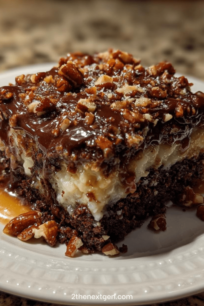 Chocolate coconut pecan caramel cake with moist chocolate cake, coconut pecan filling, glossy chocolate topping, chopped pecans, and caramel drizzle.