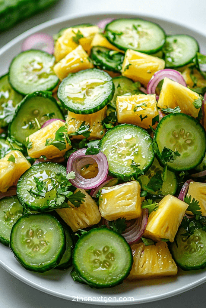 Pineapple cucumber salad with juicy pineapple cubes, thin cucumber slices, red onion, cilantro, lime dressing, chili flakes, and fresh herbs.