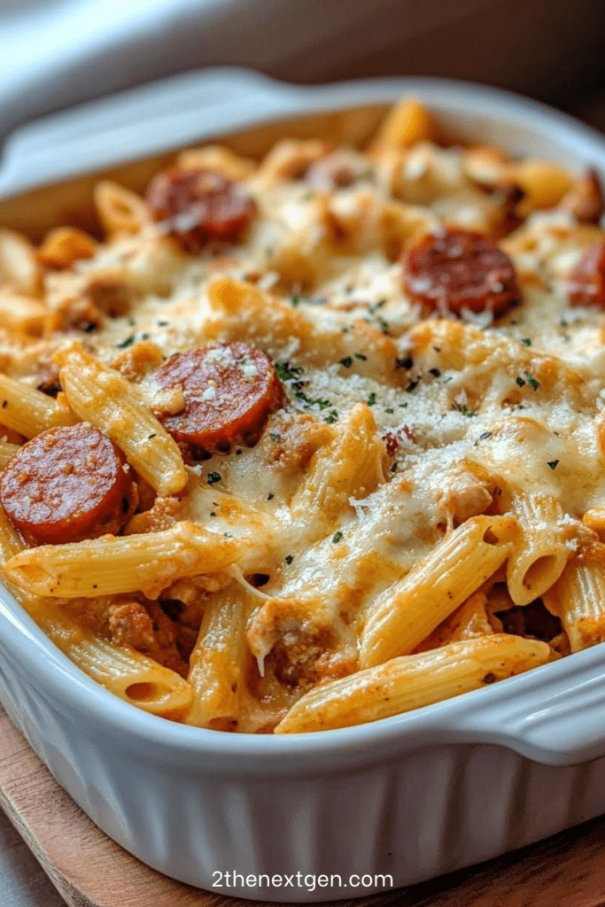 Cheesy chicken sausage pasta bake with penne pasta, diced chicken, smoked sausage, creamy tomato sauce, melted mozzarella, parmesan, cheddar, and fresh parsley.