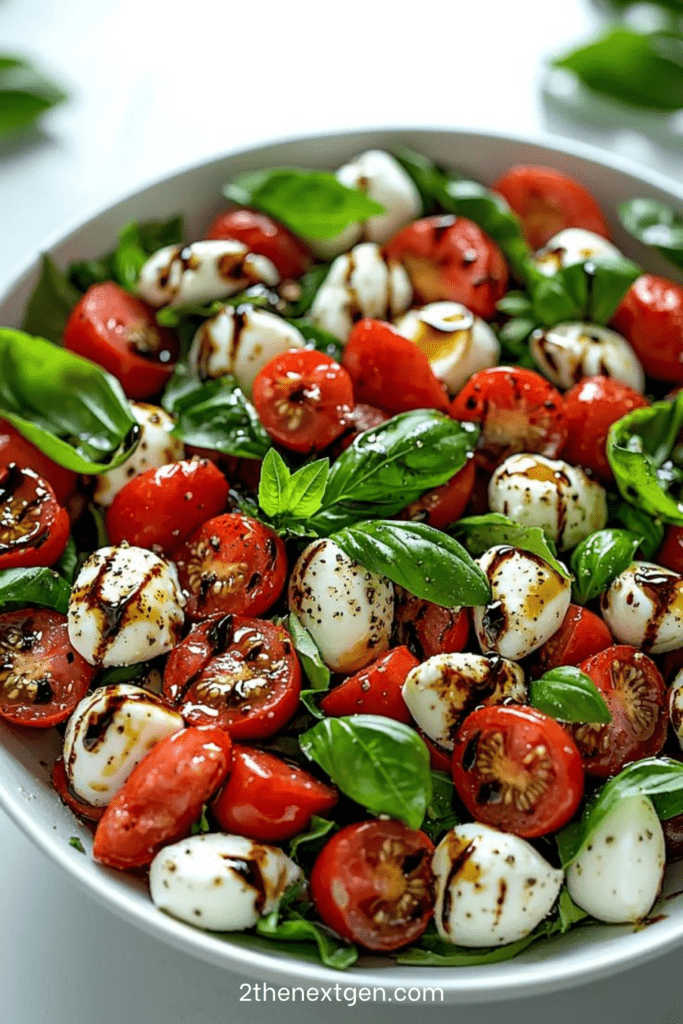 Fresh Caprese salad served in a bowl with halved cherry tomatoes, creamy mini mozzarella balls, bright basil leaves, olive oil, and balsamic glaze.