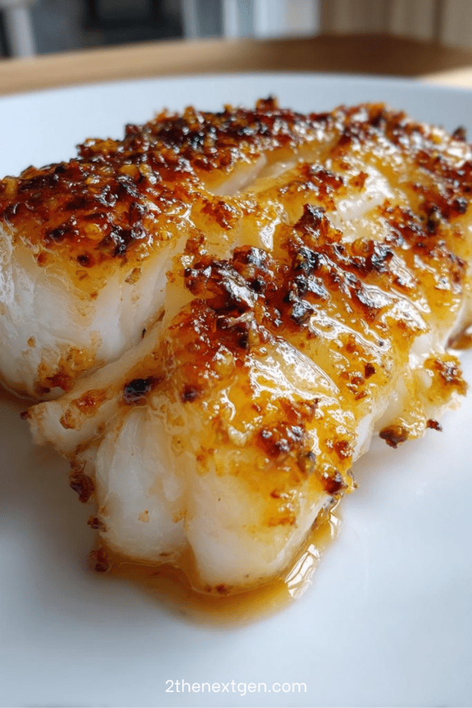 A close-up of baked honey-marinated cod fillets freshly removed from the oven, featuring a glossy caramelized honey-soy glaze, golden-brown edges, and a tender flaky texture. The fish is served in a baking dish lined with parchment paper, lightly garnished with herbs, showcasing a sweet and savory seafood dish ideal for a healthy dinner.