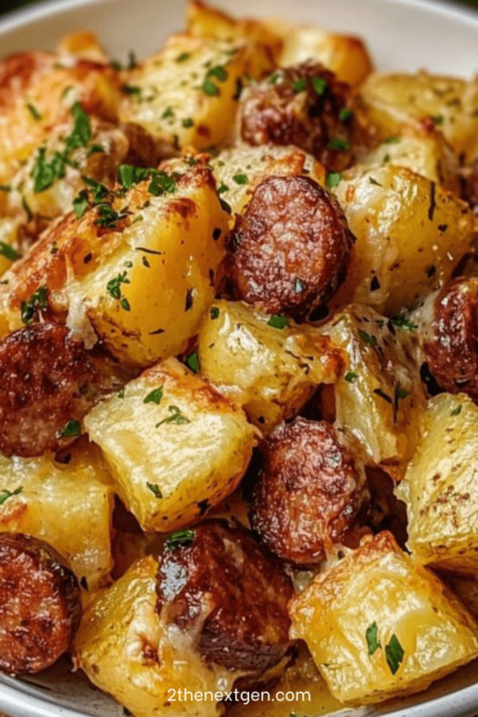 A top-down view of a baking sheet filled with golden roasted potato cubes and sliced smoked sausage, covered in bubbling melted cheese and garnished with parsley.
