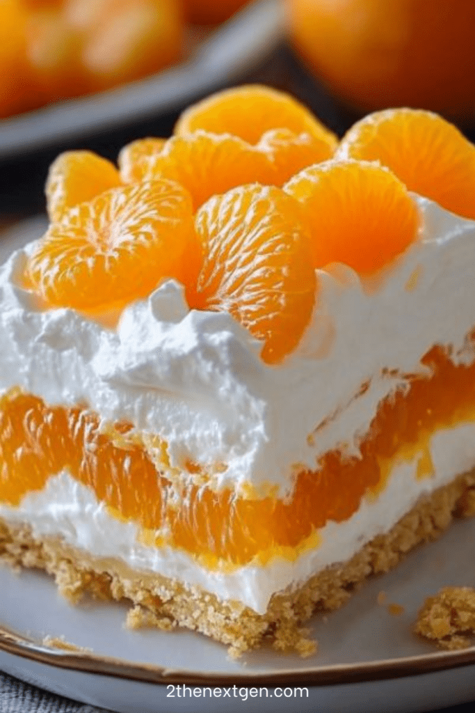 A rectangular glass baking dish displaying a layered dessert with a golden graham cracker crust, a thick white cream layer, and bright orange mandarin slices arranged on top.