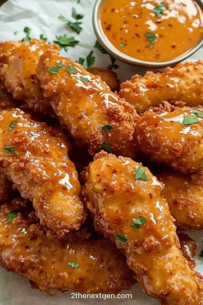 A platter of golden brown crispy chicken tenders covered in a shiny red sweet chili glaze and topped with finely chopped fresh green herbs.