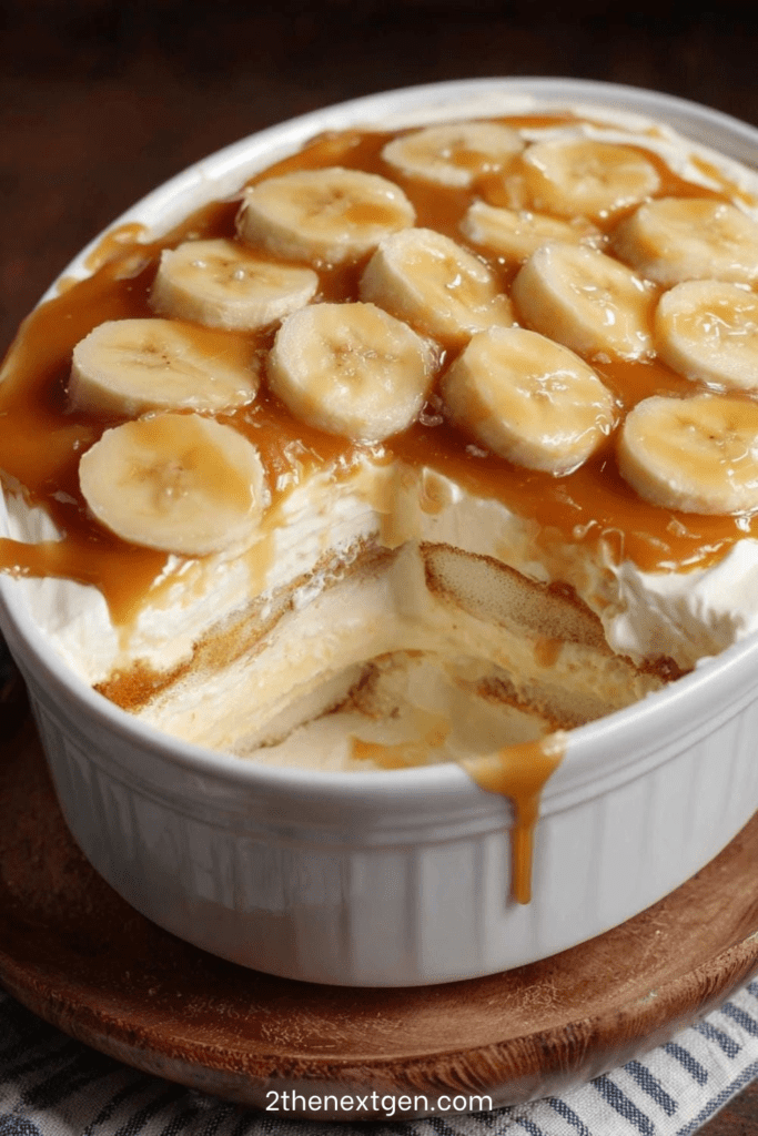 A rectangular baking dish showing layers of soft cookies, fluffy white cream, and sliced bananas, all topped with a generous drizzle of glossy golden caramel sauce.