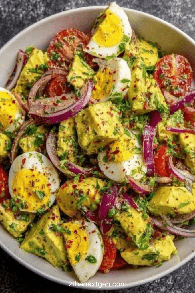A clear glass bowl filled with a colorful avocado and egg salad, showcasing hard-boiled egg quarters, diced green avocado, red onion slices, and cherry tomatoes.