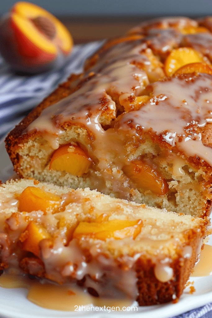 A golden brown peach loaf cake resting on a wire rack, topped with fresh peach slices and covered in a thick white glaze dripping down the sides.