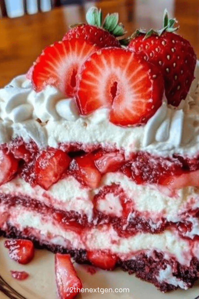 A spectacular four-layer red velvet cake filled with bright white cream cheese frosting and sliced strawberries, displayed elegantly on a glass cake stand.