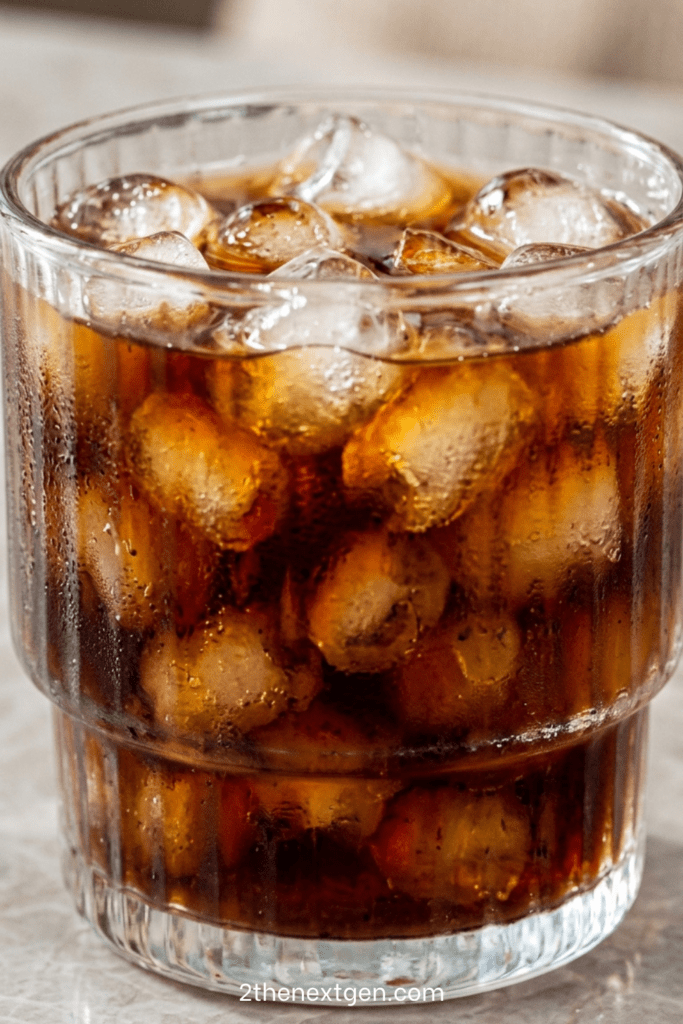 A ribbed glass tumbler filled with bullet-shaped ice cubes and freshly poured iced espresso coffee. The dark coffee cascades over the ice, creating beautiful swirling patterns in a clear aesthetic glass, served as a refreshing homemade cold coffee beverage.