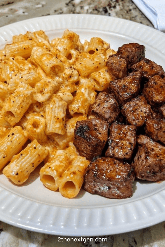 Creamy cheesy rigatoni pasta served with tender garlic butter steak bites, parmesan, parsley, and a rich homemade cheese sauce.