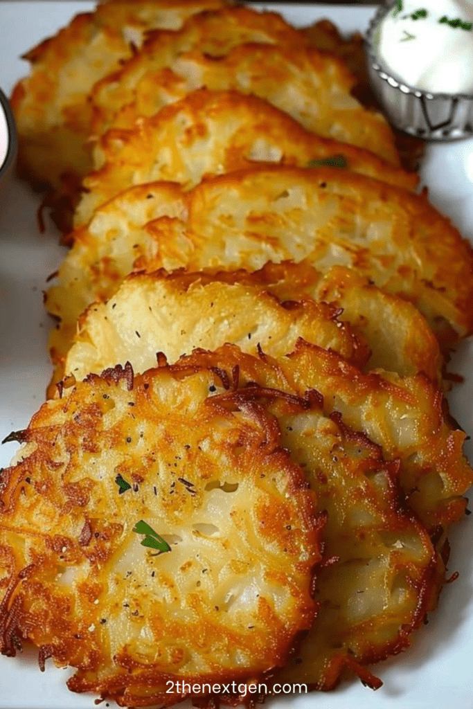 Golden crispy potato pancakes served warm with sour cream, fresh parsley, and sweet chili sauce on a rustic plate.