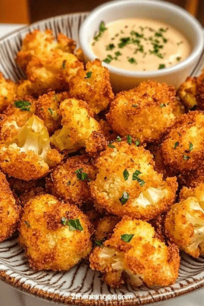 Golden crispy breaded cauliflower bites served hot with a creamy yogurt dipping sauce, fresh parsley, and lemon on the side.