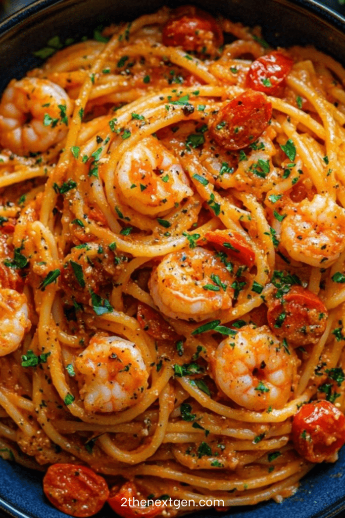 Creamy tomato shrimp spaghetti served with tender shrimp, cherry tomatoes, parmesan, black pepper, and fresh parsley on top.