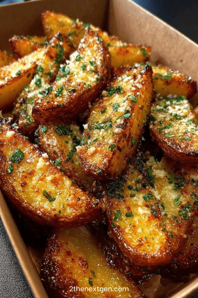 Crispy garlic parmesan potato wedges served hot with fresh parsley, extra parmesan, and a creamy dipping sauce on the side.