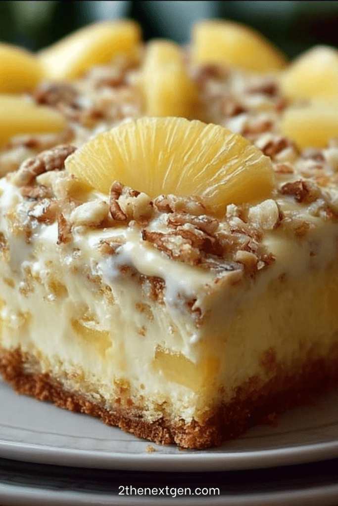Pineapple cream cheesecake bars with a buttery biscuit crust, creamy cheesecake filling, pineapple topping, chopped nuts, and caramel drizzle.