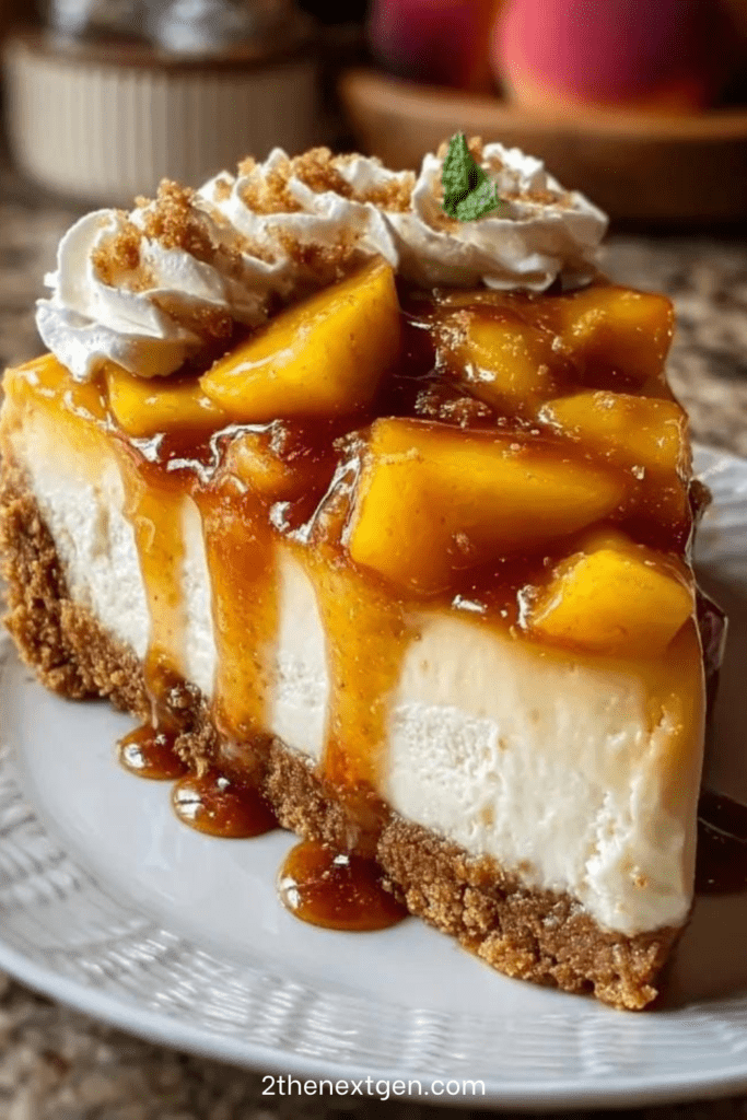 Caramel apple cheesecake topped with cinnamon caramel apples, whipped cream, crushed biscuits, chopped nuts, and caramel drizzle.