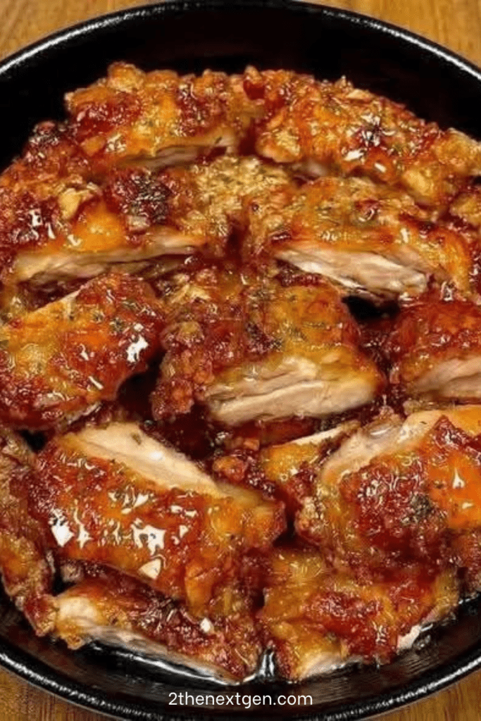 Crispy honey garlic chicken thighs sliced and served with sticky glaze, sesame seeds, green onions, and extra sauce on top.