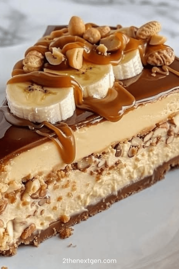 No-bake peanut butter banana caramel cheesecake topped with banana slices, caramel sauce, roasted peanuts, mini cookies, and peanut butter drizzle.