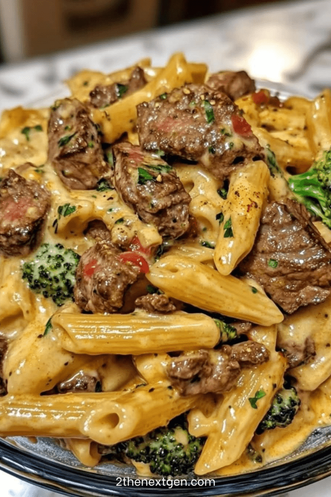 Creamy steak and broccoli penne pasta served with tender steak bites, cheddar parmesan sauce, fresh parsley, and extra cheese.