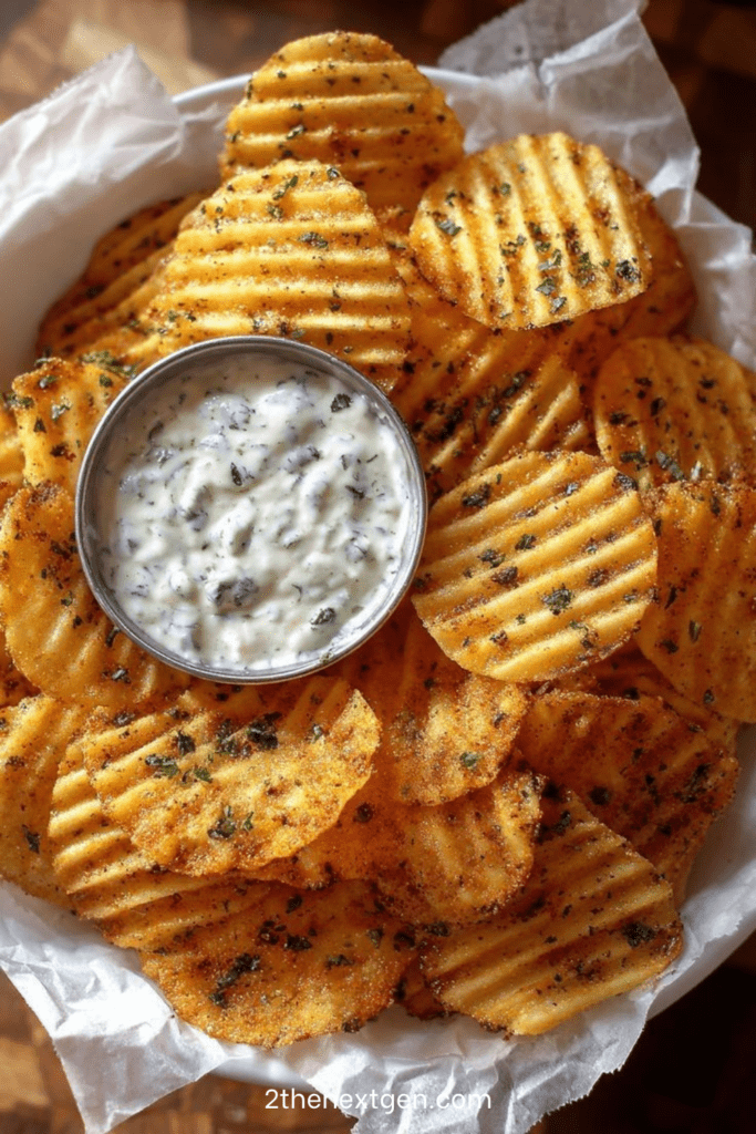 Crispy seasoned potato chips served warm with creamy garlic herb dip, fresh parsley, grated parmesan, and golden edges.