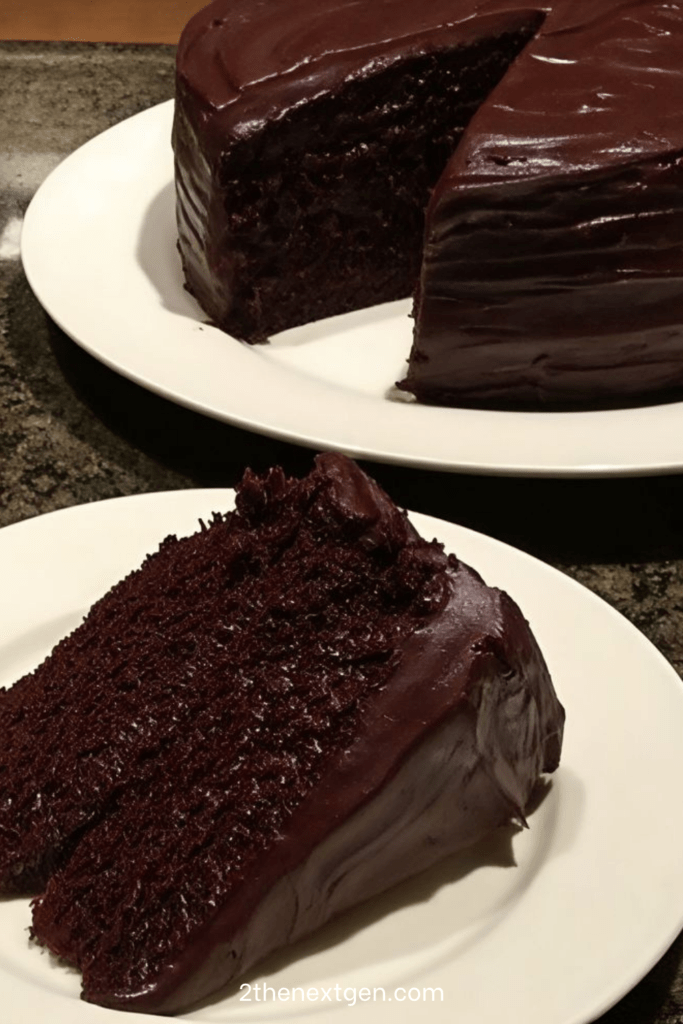 Ultra-moist chocolate cake covered with glossy chocolate ganache, sliced on a plate with a soft rich crumb and shiny topping.