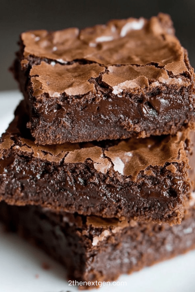 Fudgy chocolate brownies sliced into squares with a shiny crackly top, rich chocolate center, and melted chocolate chips.