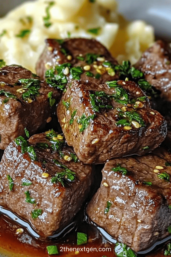 Garlic butter steak bites served over creamy mashed potatoes with garlic butter sauce, fresh parsley, sesame seeds, and black pepper.