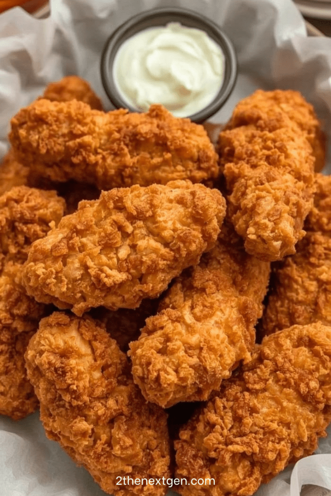 Crispy fried chicken tenders served hot with golden crunchy coating, dipping sauces, parsley, and a side of garlic mayo.