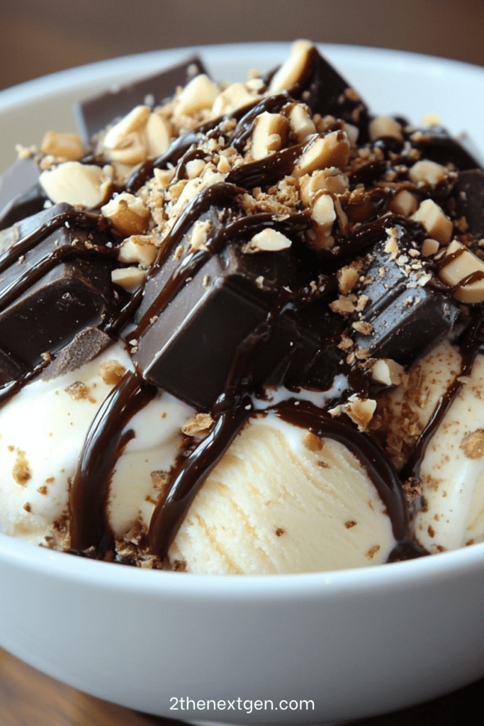 Chocolate nut ice cream sundae with vanilla ice cream, warm chocolate sauce, toasted nuts, chocolate chunks, whipped cream, and caramel drizzle.