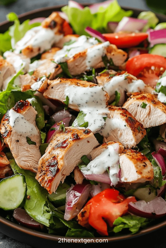 Grilled chicken salad with sliced chicken breast, romaine lettuce, tomatoes, cucumber, red onion, fresh herbs, and creamy herb dressing.